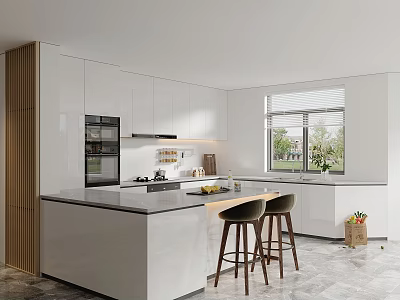 Modern Kitchen Interior With White Cabinets Island Counter Bar Stools And Natural Light 3d model