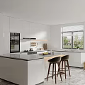Modern Kitchen Interior With White Cabinets Island Counter Bar Stools And Natural Light
