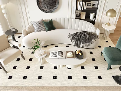 Modern White Curved Sofa and Round Coffee Table Set with Gray Green Cushions and Decorative Items 3d model