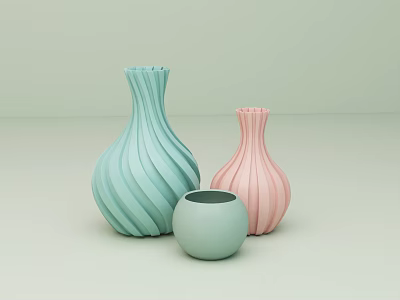 Modern Minimalist Decorative Vases with Light Green and Pink Striped Design 3d model