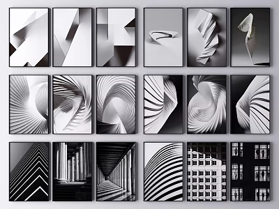 Modern Black And White Abstract Geometric Art Prints With Curved Lines And Shapes 3d model