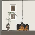 Contemporary Abstract Painting Interior With Framed Art Potted Fern Hanging Teapot And Fireplace Flames