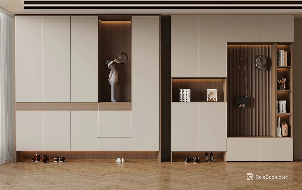 Modern Shoe Cabinet Area With White Cabinets Light Brown Accents And Herringbone Floor 3d model 