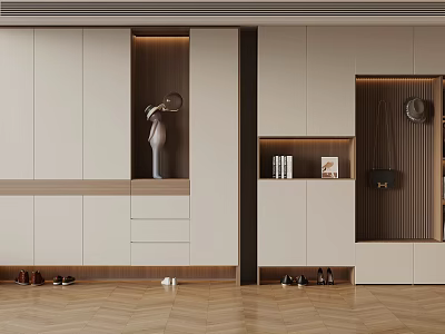 Modern Shoe Cabinet Area With White Cabinets Light Brown Accents And Herringbone Floor 3d model