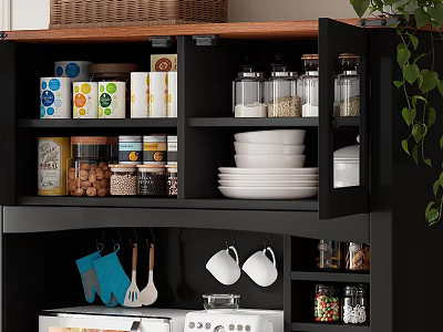 Kitchen Spice Jars Arranged On Black Cabinet Shelves With White Plates 3d model