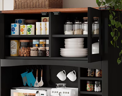 Kitchen Spice Jars Arranged On Black Cabinet Shelves With White Plates 3d model