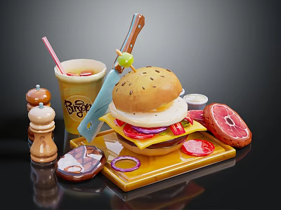 Delicious Burger with Sesame Bun Onion Rings Tomato Slices and Drink on Yellow Tray 3d model