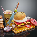 Delicious Burger with Sesame Bun Onion Rings Tomato Slices and Drink on Yellow Tray