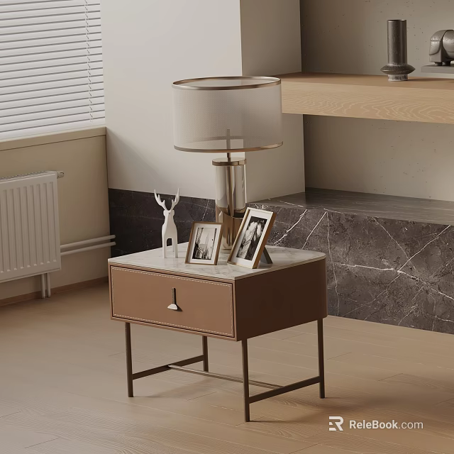 Brown Bedside Table With Metal Frame Single Drawer Table Lamp Photo Frames And Deer Ornament 3d model 