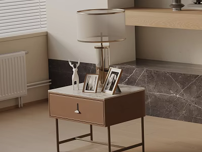 Brown Bedside Table With Metal Frame Single Drawer Table Lamp Photo Frames And Deer Ornament 3d model