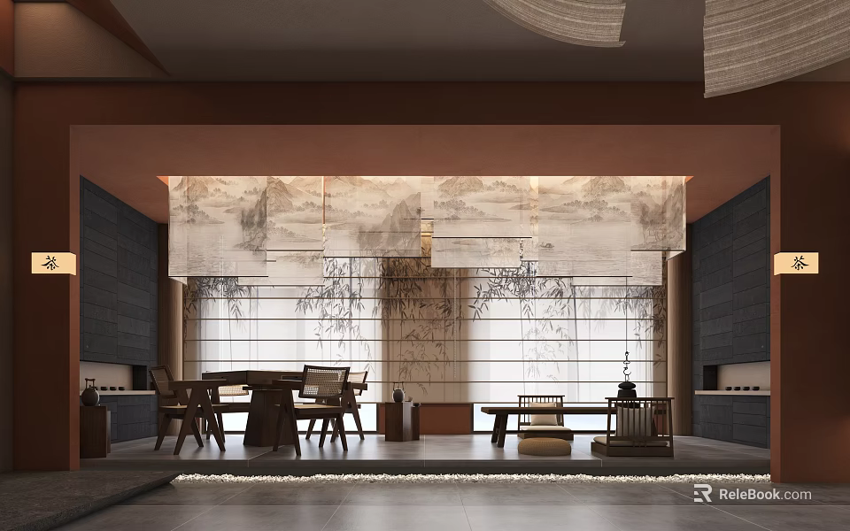 Elegant Traditional Private Room Interior With Wooden Furniture And Landscape Screen 3d model 