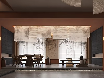Elegant Traditional Private Room Interior With Wooden Furniture And Landscape Screen 3d model