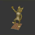 3D Cartoon Cat Character With Big Ears Standing On Wooden Plank Waving Paw