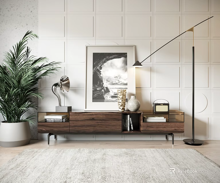 Modern Walnut TV Stand With Decorative Painting Floor Lamp And Potted Plant 3d model 