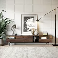 Modern Walnut TV Stand With Decorative Painting Floor Lamp And Potted Plant