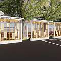 Row of Outdoor Pergolas With Wooden Structure White Top And Green Trees Around