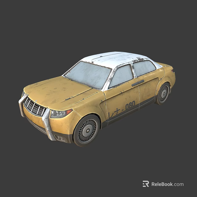 Yellow And White Worn Vintage Car With Number 080 On Exterior 3d model 