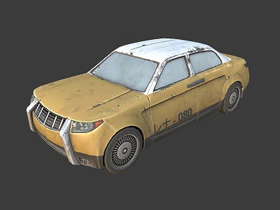 Yellow And White Worn Vintage Car With Number 080 On Exterior 3d model