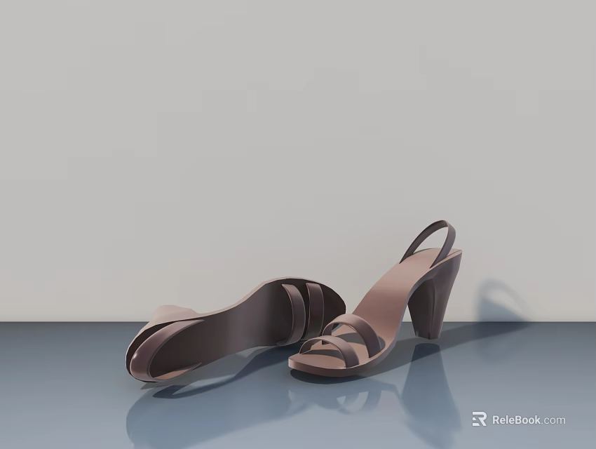 Brown High Heel Sandals With Straps On Blue Reflective Surface Gray Background 3d model 
