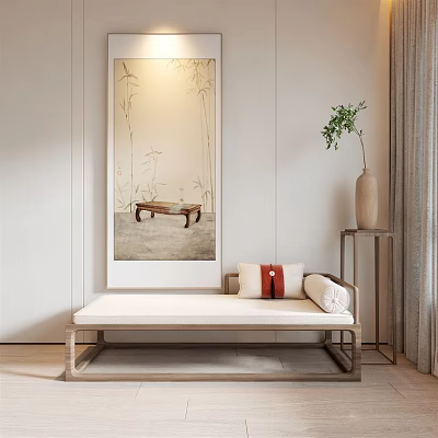 Chinese Chaise Lounge With Wooden Frame In Minimalist Interior Decorative Painting And Plant Vase 3d model