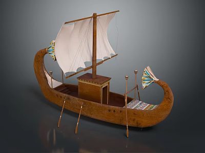 Ancient Ship Model With White Sail Decorative Prow Stern Small Chest And Oars 3d model