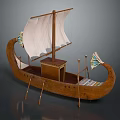 Ancient Ship Model With White Sail Decorative Prow Stern Small Chest And Oars