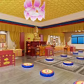 Sacred Buddhist Temple Interior With Golden Ceiling Lotus Chandelier And Buddha Statues