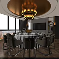 Elegant Private Dining Room with Round Table Chandelier Large Windows and Luxurious Tableware 3d model