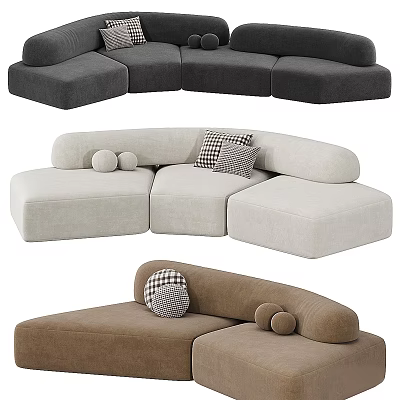 Modular Multi Person Sofa in Neutral Tones with Round Cushions and Checkered Pillows 3d model