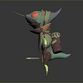 Game Movie Character With Green Head Red Eyes Pointed Horn Tribal Outfit Holding Knife