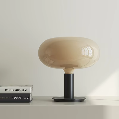 Minimalist Round Table Lamp With Beige Lampshade And Black Base For Home Decor 3d model