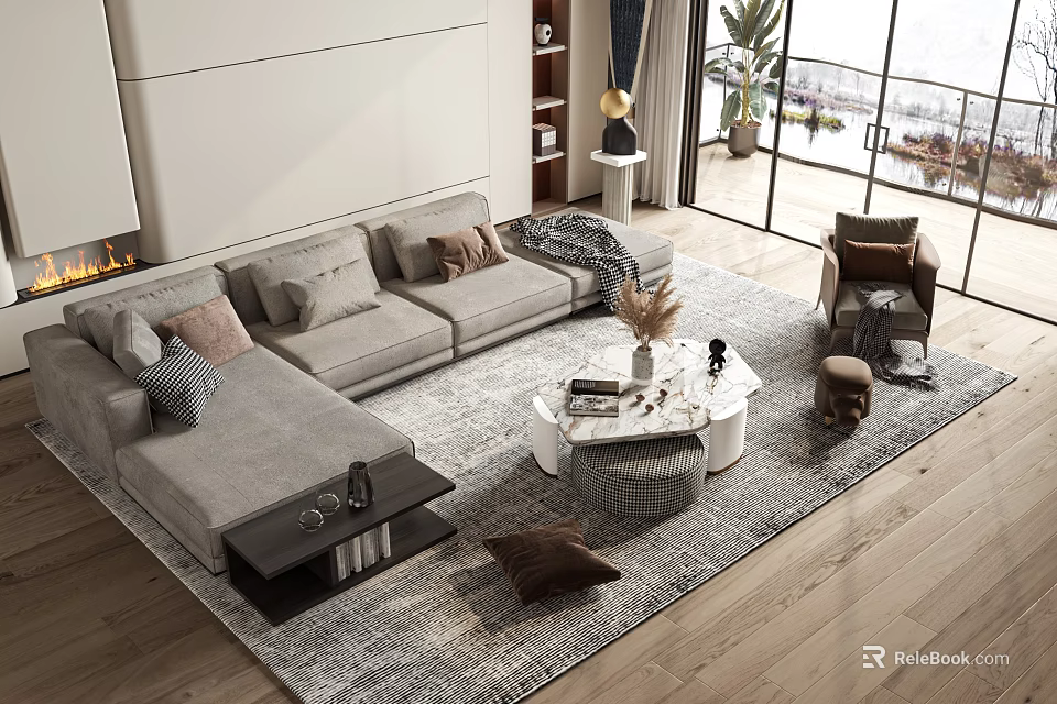 Modern L Shaped Sofa And Round Coffee Table Set With Pillows Rug And Floor Window 3d model 