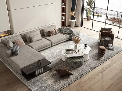 Modern L Shaped Sofa And Round Coffee Table Set With Pillows Rug And Floor Window 3d model