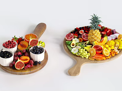 Assorted Fresh Fruit Platter With Strawberries Blueberries Pineapple Oranges Bananas And Avocado On Wooden Trays 3d model