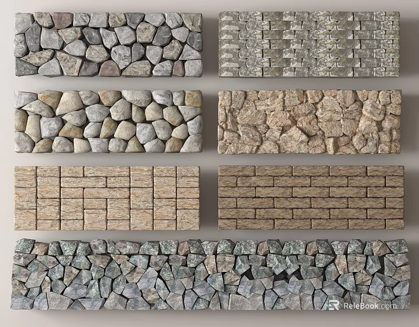 Building Exterior Wall With Various Stone Brick Textures And Decorative Designs 3d model