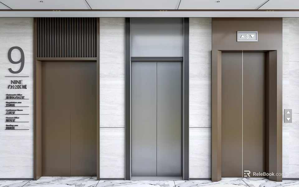 Three Modern Elevators With Brown Silver Doors And Stone Wall Interior 3d model