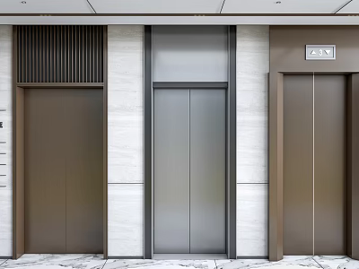 Three Modern Elevators With Brown Silver Doors And Stone Wall Interior 3d model