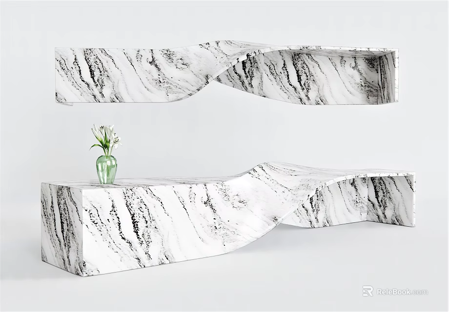 Modern Marble Reception Desk With Wavy Curved Shape Green Vase On Top 3d model 