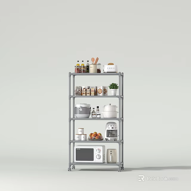 Kitchenware Display on Metal Shelf with Spices Jars Pots Microwave Toaster Oven and Small Plant 3d model 