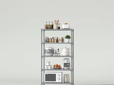 Kitchenware Display on Metal Shelf with Spices Jars Pots Microwave Toaster Oven and Small Plant 3d model