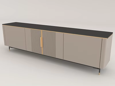 Modern Light Gray TV Stand With Black Top Golden Handles And Slim Legs 3d model