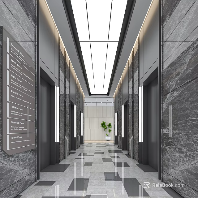 Modern Office Corridor With Elevators Marble Walls Ceiling Lights And Green Plant 3d model 
