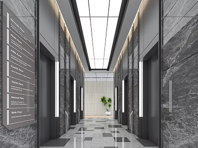 Modern Office Corridor With Elevators Marble Walls Ceiling Lights And Green Plant 3d model