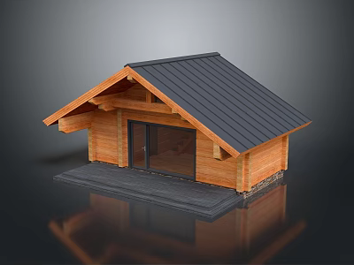 Wooden Cabin Exterior Design With Wooden Structure Black Roof Glass Door And Front Platform 3d model