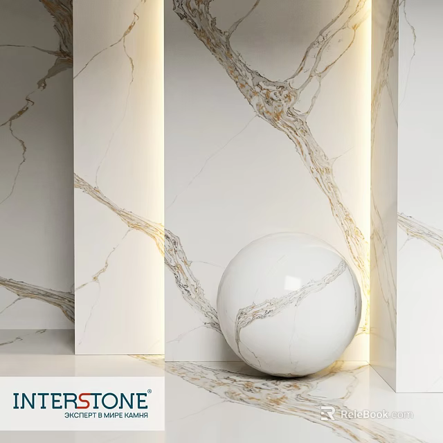 Illuminated Marble Wall Elements With Golden Veins And White Sphere Decor 3d model 