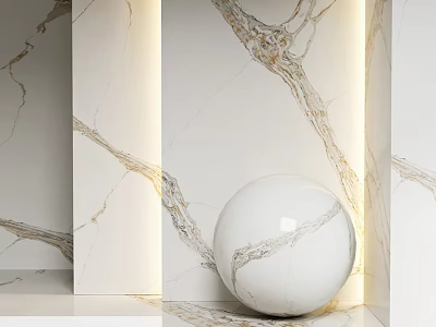 Illuminated Marble Wall Elements With Golden Veins And White Sphere Decor 3d model
