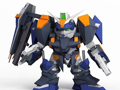 Mechanical Robot Model with Blue and Orange Design Displayed in Technology Exhibition Hall 3d model