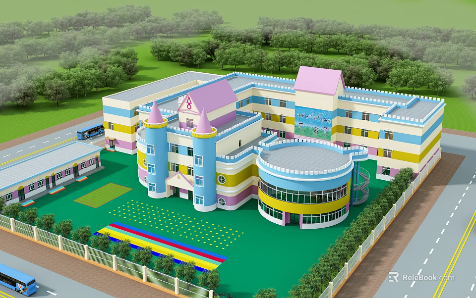 Colorful School Building Featuring Pink Roof Tower Round Structure Green Playground And Trees 3d model 