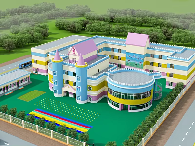 Colorful School Building Featuring Pink Roof Tower Round Structure Green Playground And Trees 3d model