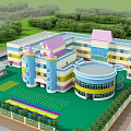 Colorful School Building Featuring Pink Roof Tower Round Structure Green Playground And Trees